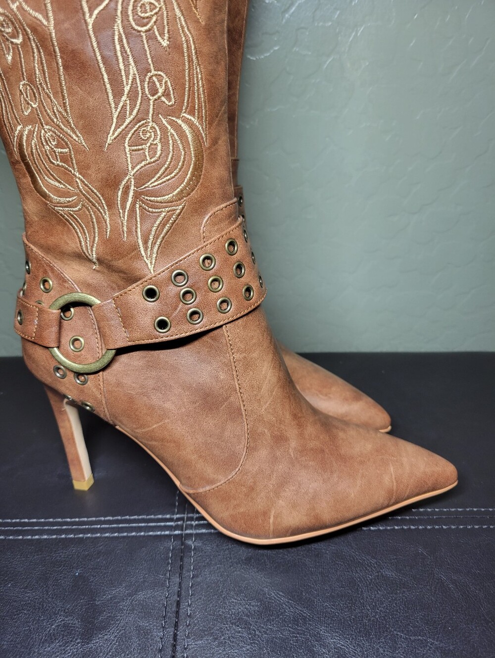 JANSEVEN Brown Embroidered Knee-High Western Stiletto Boots -WM Size 7 - Picture 3 of 16